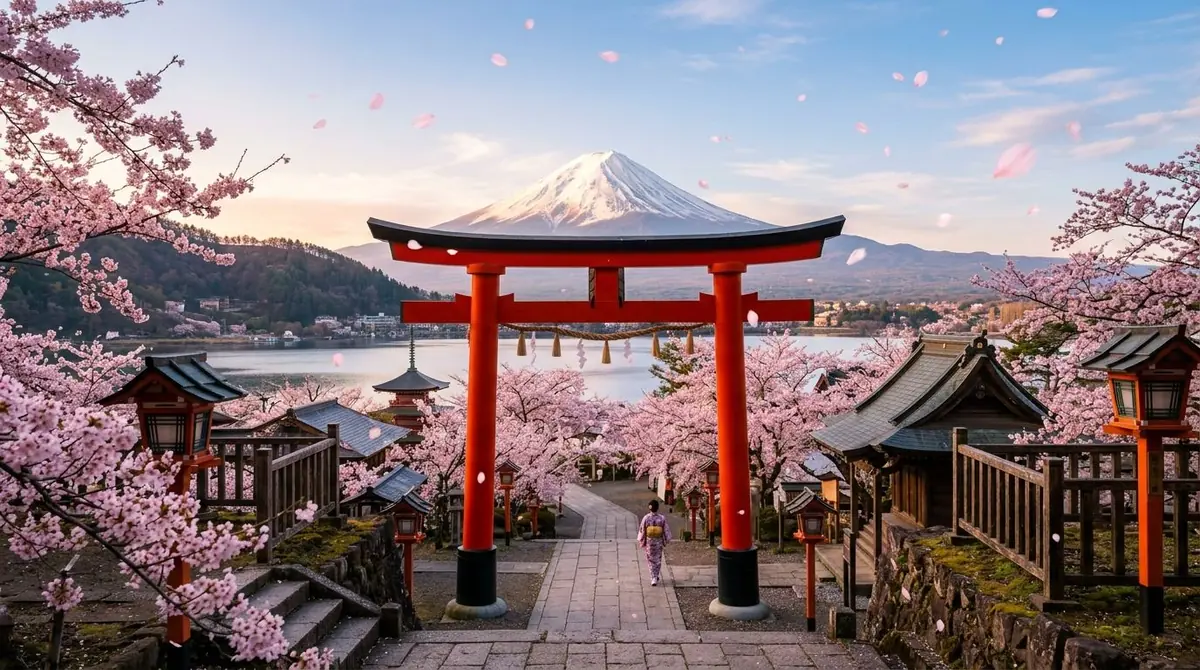 Japanese Cultural Heritage - Traditional Red Torii Gate overlooking Mount Fuji during Cherry Blossom Season